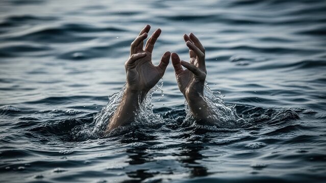 Man hands drowning in water, reaching for help. Concept of danger, struggle, and desperation. Save me from dark problem.