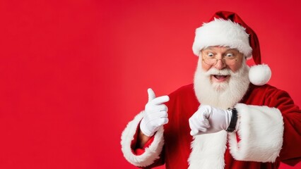Man dressed as Santa Claus checks his watch and points to the left, standing against a red background during Christmas celebration. Excitement and countdown to holiday fun.