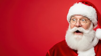 Naklejka premium Man dressed as Santa Claus with a surprised and excited expression on a red background with copy space. Christmas holiday mood.