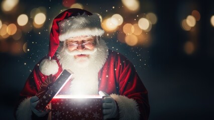 Naklejka premium Man dressed as Santa Claus opening a gift box with glowing light. Christmas magic and holiday surprise concept for greeting card.