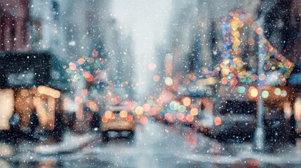 Winter city street view blurring with falling snow during the holiday season, creating a festive, abstract bokeh background of colorful lights and urban movement