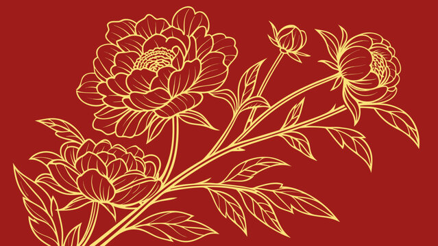 Elegant golden floral design with blooming peonies on a deep red background illustration art work