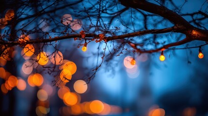 Tree branch decorated with glowing string lights creating a festive atmosphere during a tranquil twilight. Warm orange bokeh illuminating the dark blue background