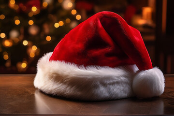 Festive Red Santa Hat Resting on a Wooden Surface Generative AI