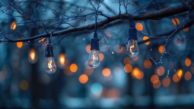 String lights illuminate bare tree branches at twilight, creating a warm, festive, and intimate outdoor ambiance with soft, blurred orange light bokeh dots