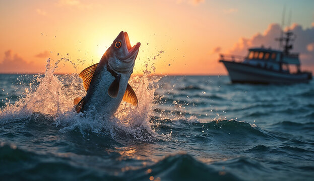 Fish leaps out of the ocean near a fishing boat during sunset.