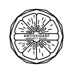 Black and white line art logo design of a citrus fruit slice with text antioxidant immunity boost isolated on
