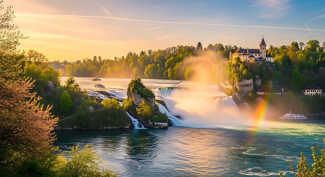 Rhine Falls at Sunrise - A Majestic Waterfall Landscape in Switzerland.
