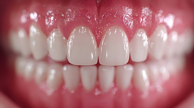 Macro photo displays perfect white teeth and pink gums in a dental care concept with hygiene focus and clean glossy texture in front view.