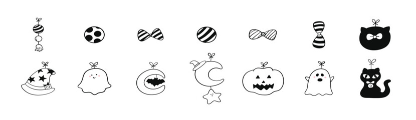 Hand drawn Ghost Collection. Halloween doodle set with hand drawn spooky elements. Vector cartoon illustration collection with pumpkin, ghost, spider, bat, and skull icons for party invitation design.