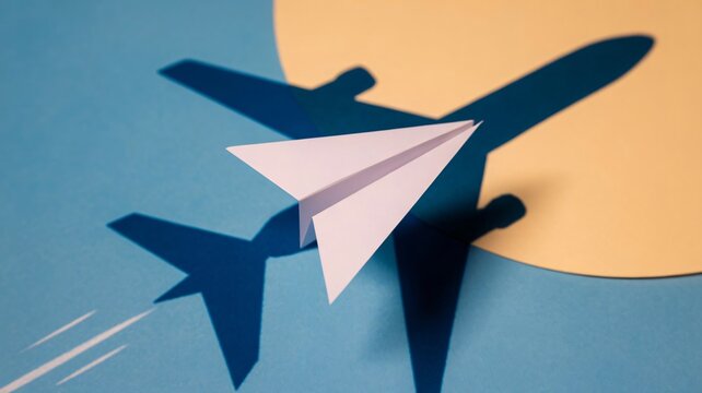 Soaring ambitions concept with paper airplane shadow against bright background, representing dreams, potential, and fresh starts for business and success