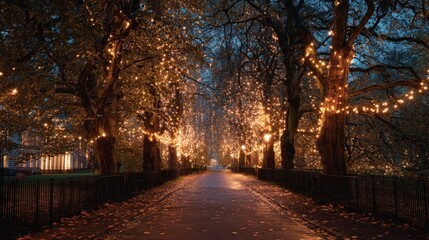 Park avenue glowing with warm fairy lights strung across mature trees, illuminating a peaceful autumn path at dusk, creating a tranquil and romantic atmosphere