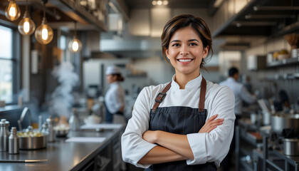 Asian woman chef in a professional kitchen, wearing a white chef coat and black apron, smiling confidently with arms crossed, showcasing culinary expertise and passion for cooking
