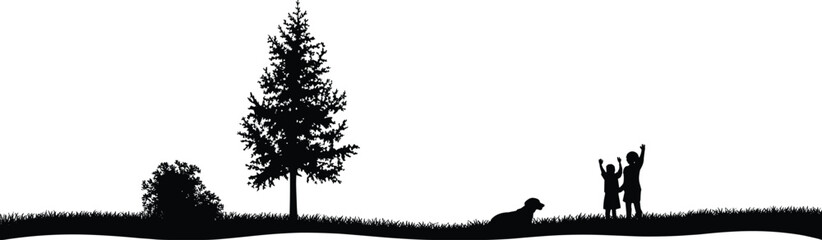 Obraz premium Silhouette of parent and child raising hands beside dog under pine tree on grassy hill in peaceful outdoor landscape scene