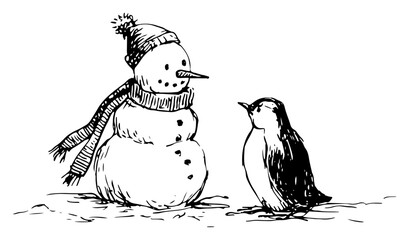 Vector doodle sketch of snowman wearing scarf and knitted hat standing next to small penguin rough ink winter scene