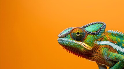 Fototapeta premium Chameleon on bright Orange background with copy space or text