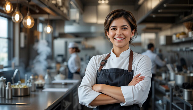 Asian woman chef in a professional kitchen, wearing a white chef coat and black apron, smiling confidently with arms crossed, showcasing culinary expertise and passion for cooking