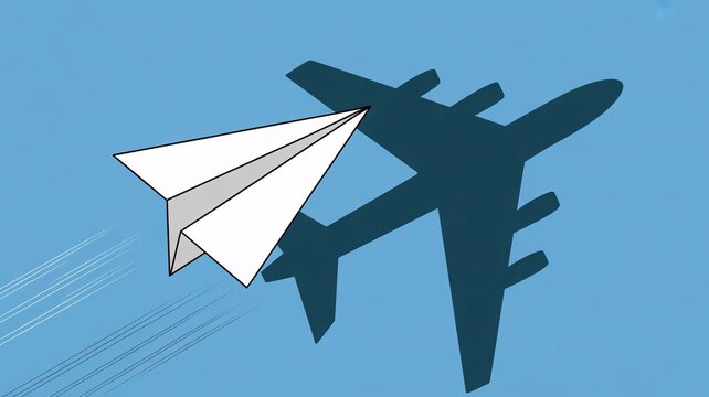Creative paper airplane soaring high with the shadow of a real jet, perfect for aviation industry insights, travel inspiration, and dream destinations for your projects