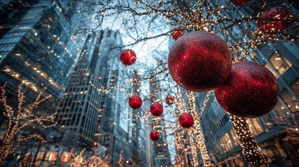 Festive christmas ornaments hanging on trees adorned with twinkling lights, creating a holiday atmosphere against a backdrop of towering city skyscrapers