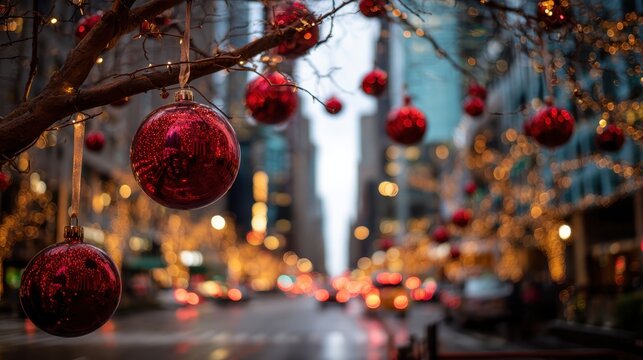 Red christmas ornaments dangling from bare tree branches, festive and bright against a blurred city street backdrop of traffic lights and warm holiday bokeh at night