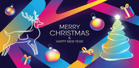 A highly vibrant, dark, and futuristic Christmas and New Year greeting card. The composition features central silver-metallic text 'MERRY CHRISTMAS & HAPPY NEW YEAR