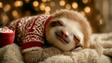 Naklejka premium Sleeping sloth in festive apparel supports holiday branding, gift merchandising, children’s products, and seasonal retail campaigns. Image boosts advertising for plush toys, greeting cards, packaging