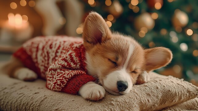 Christmas corgi puppy resting in a knitted winter sweater, holiday pet content for seasonal ads and gift campaigns. Cozy dog portrait supporting Christmas marketing themes and pet-related promotions