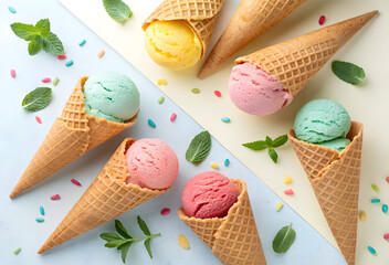 Ice Cream Cones: A delightful arrangement of various ice cream cones, offering a visual feast of flavors and colors, perfect for sweet indulgence.