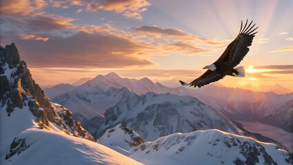 A majestic eagle soars through a breathtaking snowy mountain landscape at sunset