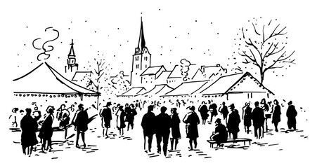 Rough crowd sketch of traditional christmas market square vector illustration © Celestynka