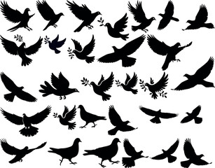 Set of dove silhouettes flying with and without olive branch peace concept