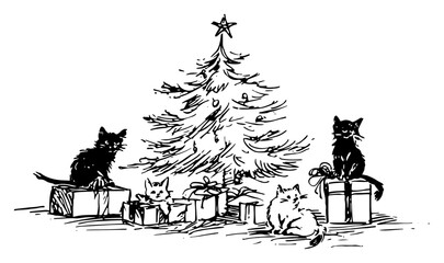 Fototapeta premium Vector doodle sketch of cute cats and kittens playing around Christmas tree and gift boxes rough ink pet illustration