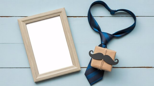 Elegant Father's Day gift with tie heart and mustache, perfect for family celebrations and heartfelt messages in the empty frame, a touching tribute to dad's love