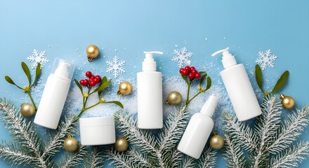 Winter Skincare Cosmetics Set with Fir Tree Branches, Snowflakes, and Christmas Decoration on Blue Background