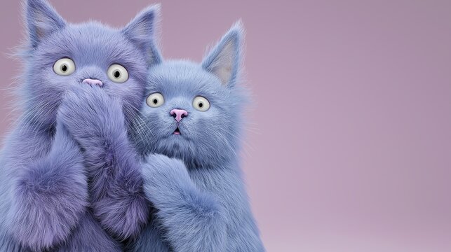 Two photorealistic dyed-fur cats sit close together sharing a private gossip moment. Messaging and pet communication for social media, marketing and playful content industries