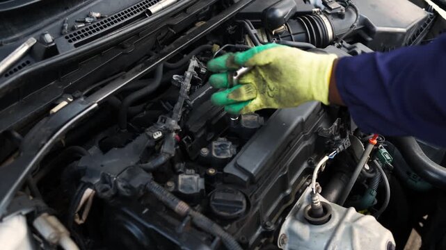 African mechanic using a socket wrench to tighten components on a car engine after spark plug replacement