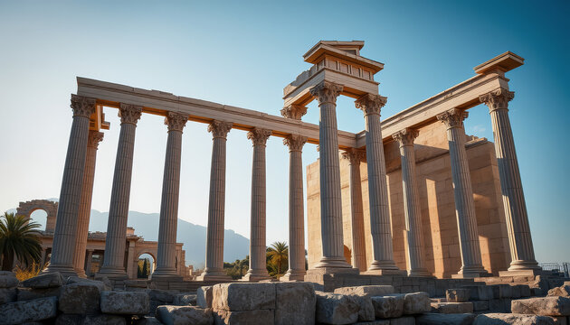 The Temple of Apollo in Side, Turkey, features a grand white marble structure with eight columns, situated on a rocky outcrop with a clear blue sky and distant mountains in the background.