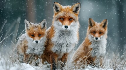 Naklejka premium Adorable red fox mother stands next to her small cub in a snowy field with soft winter light and falling snowflakes in a heartwarming scene.