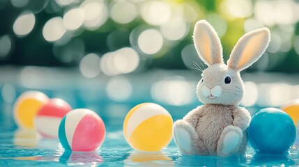 A soft bunny sitting beside a pool with colorful beach balls floating nearby