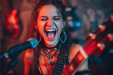 Woman Rock Singer Performs Dynamic Song with Electric Guitar