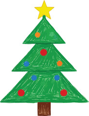 Obraz premium Charming hand drawn green christmas tree adorned with colorful ornaments and a bright yellow star topper
