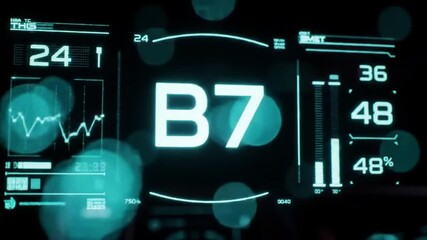 Futuristic digital interface displaying B7 alphanumeric code with data graphs and numerical readouts, concept of advanced technology and data visualization - Powered by Adobe