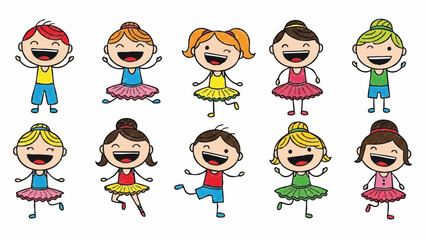 Happy Diverse Group of Cartoon Children Dancing and Cheering Illustration Set