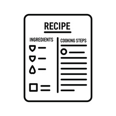 Black and white line art icon representing a recipe card with sections for ingredients and cooking steps, isolated on
