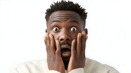 Wide-Eyed Shock: Expressive Close-Up of a Young Black Man Gasping in Disbelief.