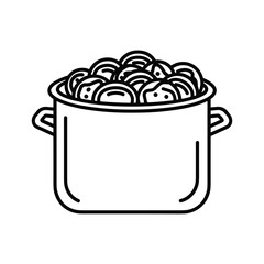 Black and white line art icon of a cooking pot filled with dumplings or pasta, isolated on