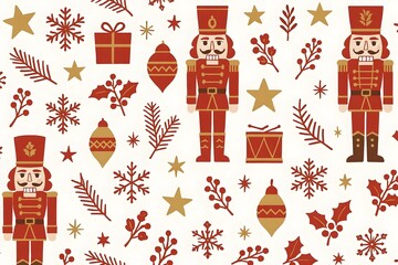Christmas seamless vector Nutcracker pattern on a white background. Red seamless with gold pattern can be used for wallpaper, textiles, cards,