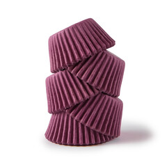 Bright pink paper baking cup displayed in an elegant pyramid shape. Clean product shot for food styling, packaging, or advertising in culinary or baking industries.