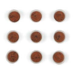 Elegant flat lay of assorted chocolate truffles in white and dark paper liners on clean white background. Perfect for packaging mockups, ads, or minimalist food styling presentations.