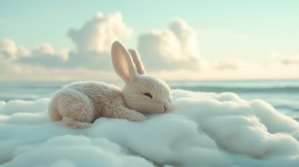 A soft plush bunny resting on a cloud like patch of beach foam